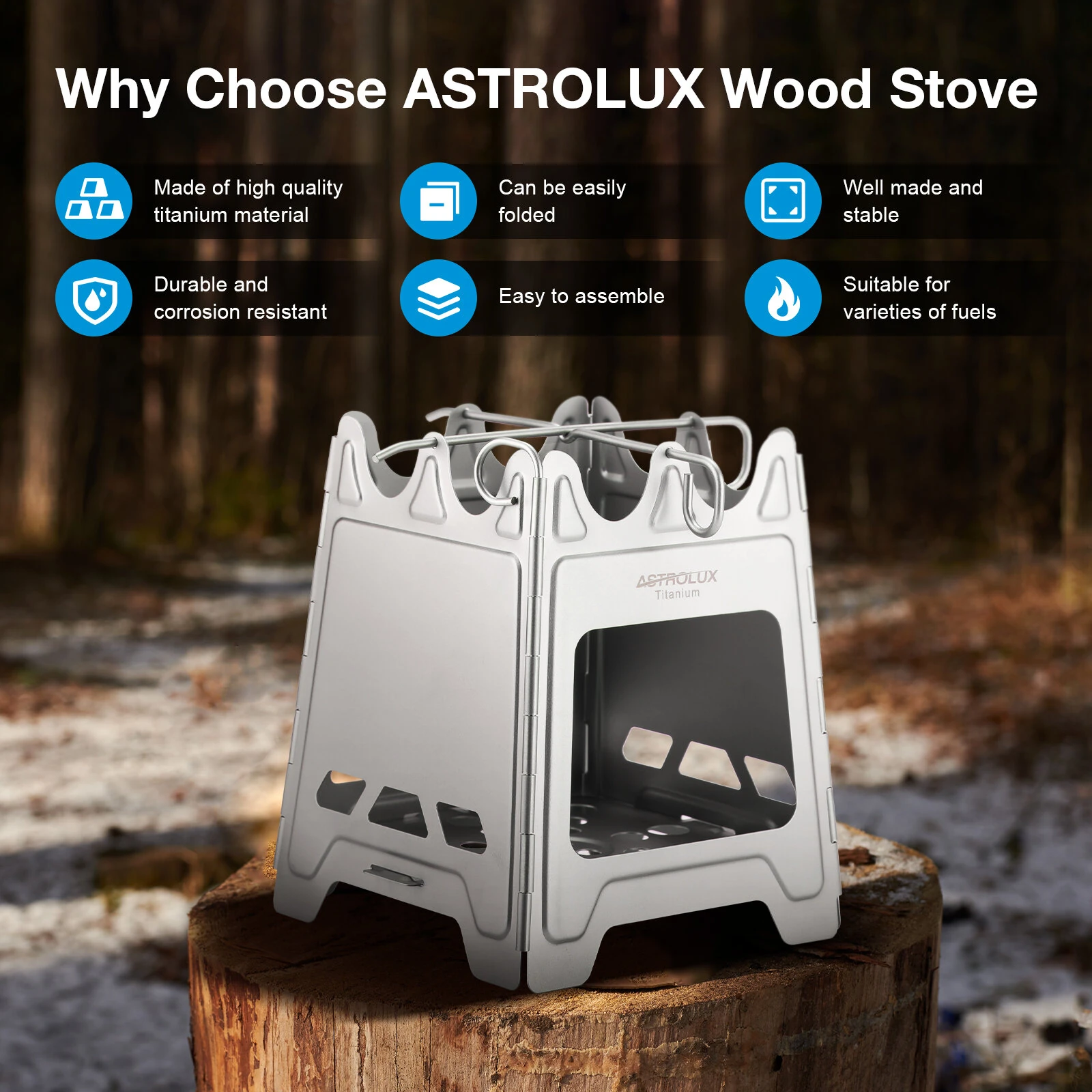 (image for) Astrolux&reg; Ti-BS1 Titanium Backpacking Stoves Titanium Camping Stove Folding Wood Burning Stove Pocket Stove Portable Lightweight Backpacking Stove for Outdoor Camping Hiking Backpacking P